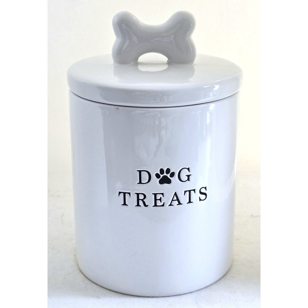 Dog Treat Canister-Barnyard Designs-White-Ceramic Bone Handle-Rubber Seal-Pets